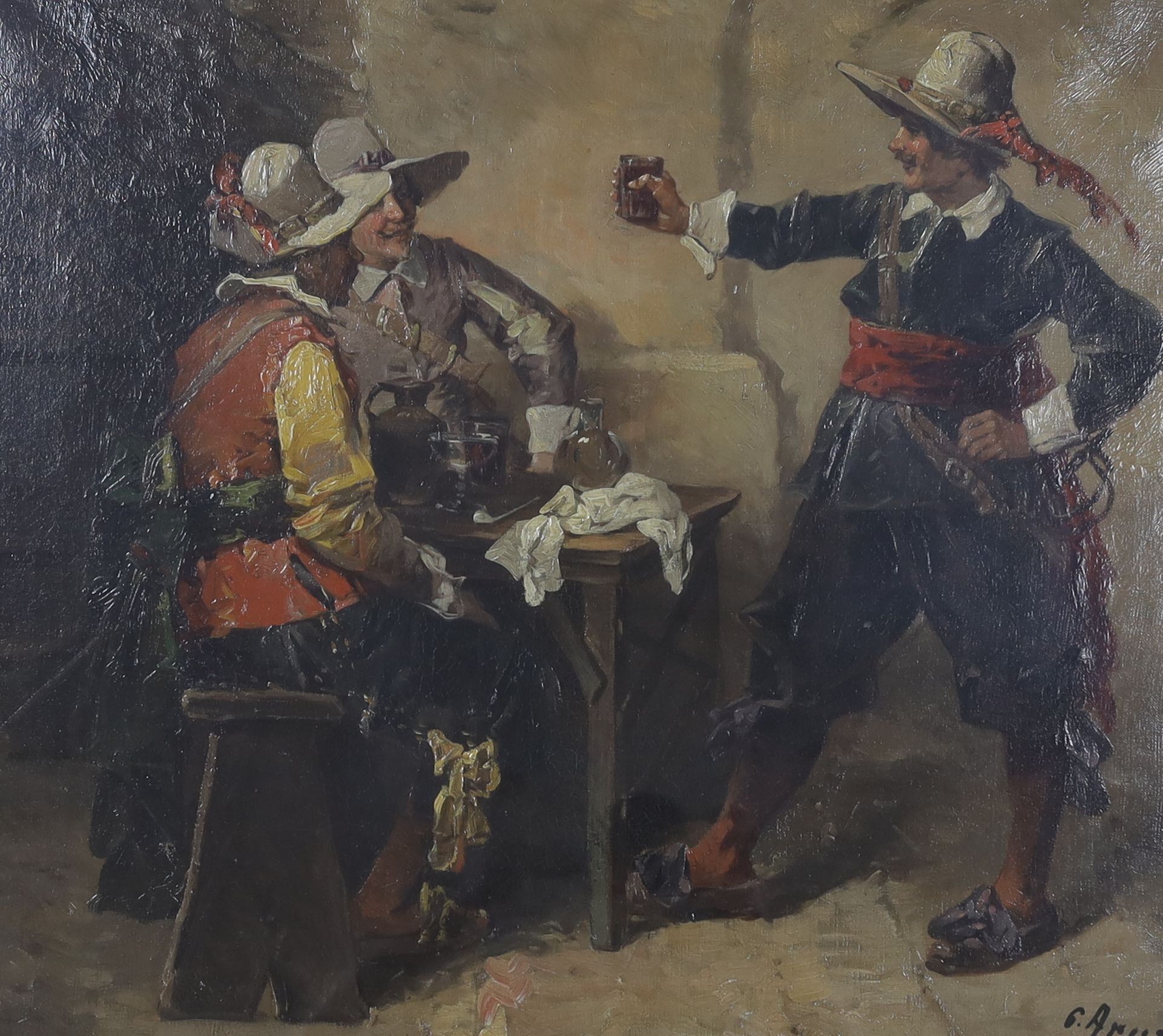 George Appert (1850-1934), pair of oils on canvas, Tavern interiors with cavaliers and magpies, indistinctly signed, 52 x 63cm